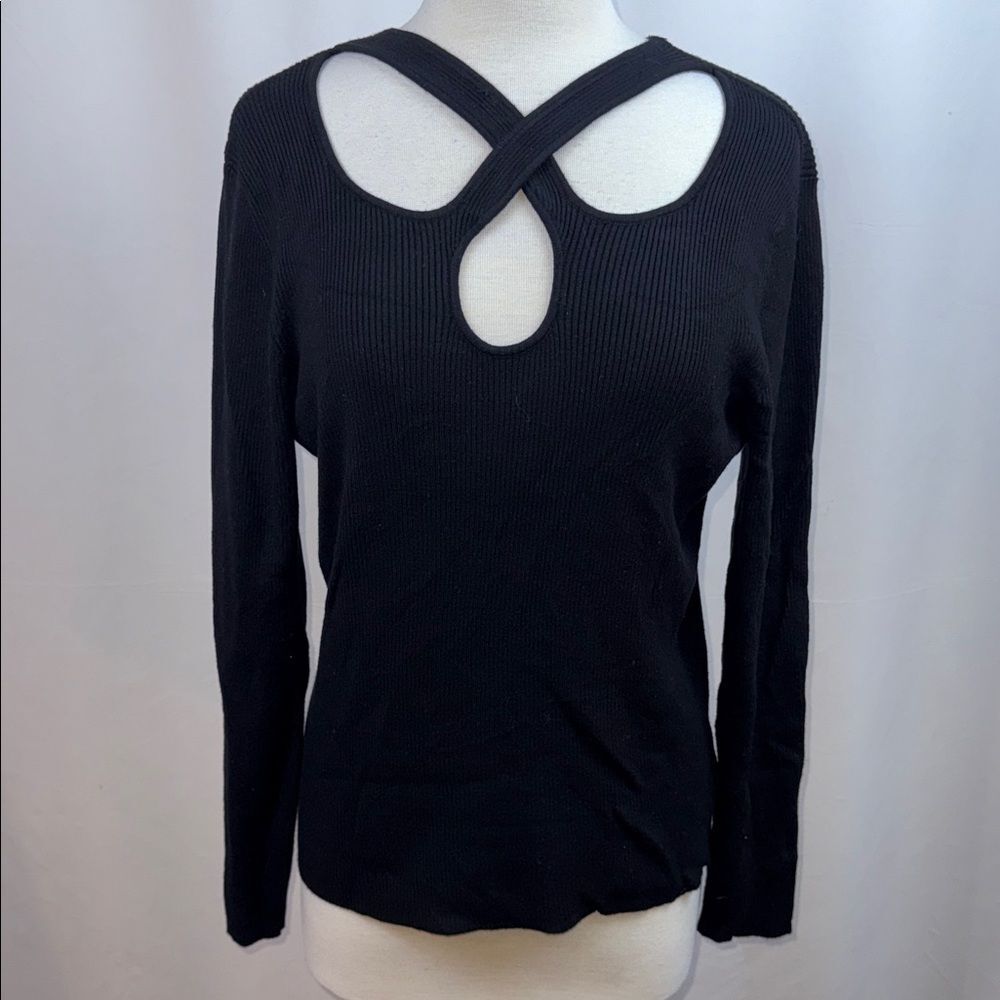 Sofia by Sofia Vergara Ribbed Black V-Neck Criss Cross Sweater, XXXL